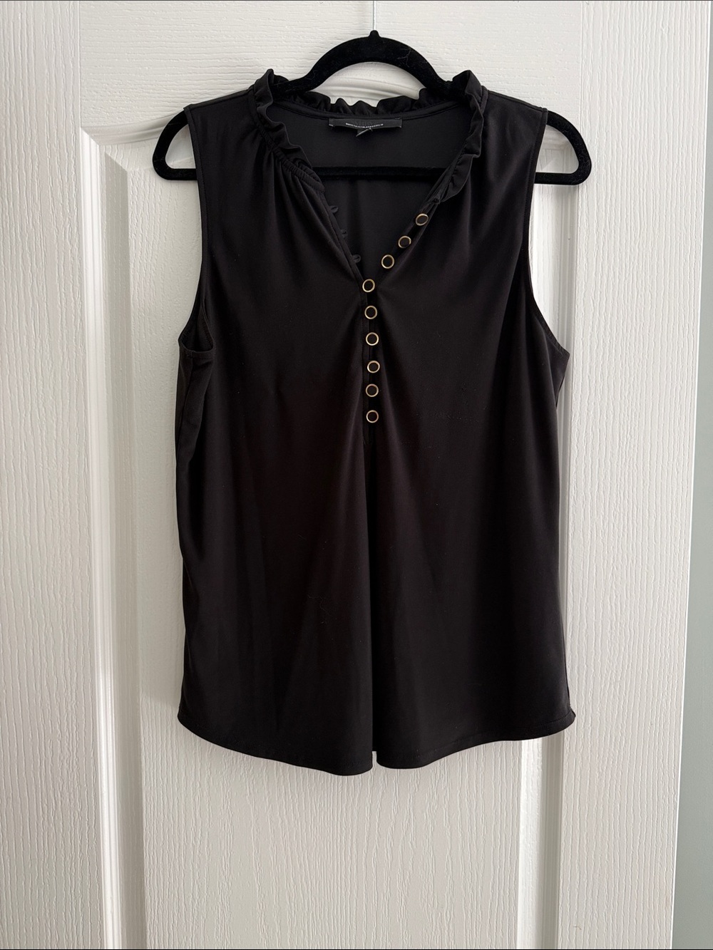 White House Black Market Black Sleeveless Ruffle Henley Tank